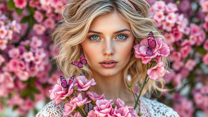 Fototapeta premium Elegant Woman With Butterflies And Roses In Blooming Garden