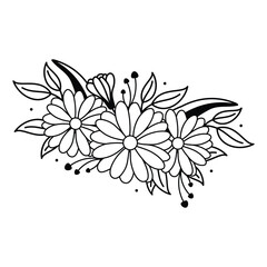 Decorative Floral Arrangement, Black and White Bouquet with Blooming Daisies, Leaves and Intricate Botanical
