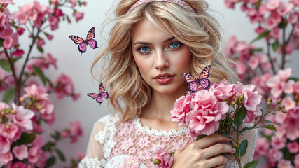 Fototapeta premium Elegant Woman With Butterflies And Roses In Blooming Garden