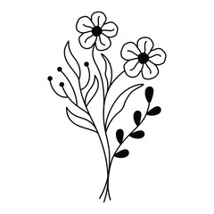 Whimsical Floral Arrangement Line Art, Bouquet Illustration Leaves, Decorative Stems, Dots and Organic Composition