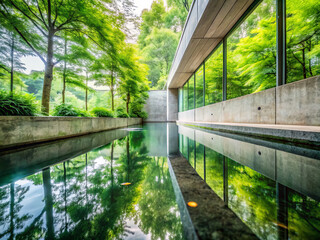 serene modern building with large glass windows reflects lush greenery in tranquil water feature. gentle fusion of nature and architecture creates peaceful atmosphere