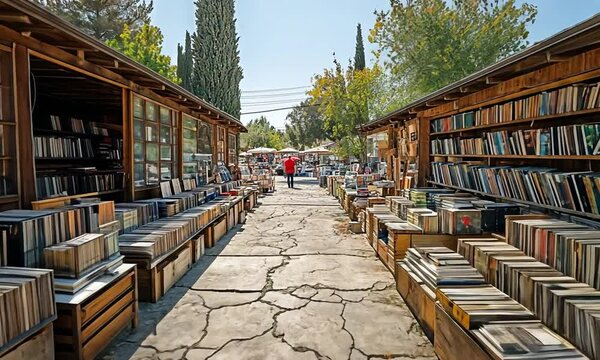 Outdoor market featuring rows of vinyl records for sale.