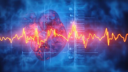Visualization of Human Heartbeat with Electrocardiogram Waveform Overlay Against a Background of Human Organs Illustrating Medical and Health Monitoring Concepts