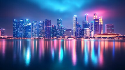 Fototapeta premium Vibrant cityscape at night, reflecting in calm water.
