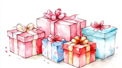Fototapeta premium A beautiful arrangement of colorful gift boxes with ribbons, perfect for celebrations and festive occasions.