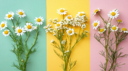 Various chamomile flowers on a colorful background. Flat lay with copy space, perfect for a template or mockup 