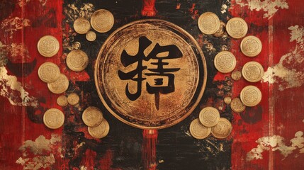 Chinese calligraphy with gold coins on red and black background