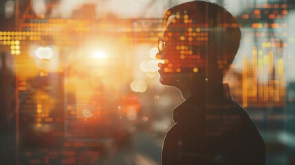 Silhouette of a supply chain manager tracking shipments on a digital network interface, soft ambient light, side profile, photorealistic