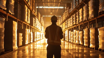 Silhouette of a logistics manager directing cargo operations in a large warehouse, soft ambient lighting, wideangle shot, photorealistic