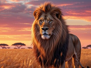 Majestic Lion in Golden Grasslands at Sunset