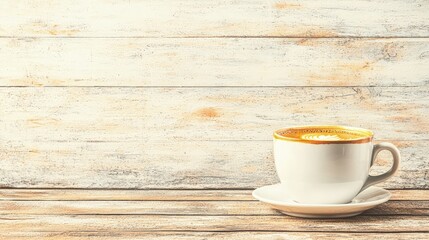 Obraz premium Coffee cup on rustic wooden table with copy space.