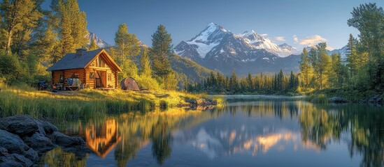 Fototapeta premium Cozy cabin by a tranquil lake reflecting majestic mountains at sunrise.