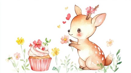 Obraz premium A cute deer interacting with a delightful cupcake surrounded by flowers, perfect for whimsical and playful themes.