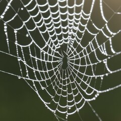 A close-up of a spider web covered with tiny, sparkling dewdrops, set against a blurred natural background.
