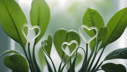 Abstract hearts in plant blurred growing theme in a minimalist background,