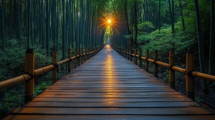 Sunlit bamboo forest path, wooden walkway.