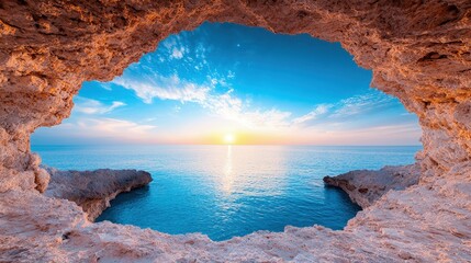 Sunrise view through a coastal cave.