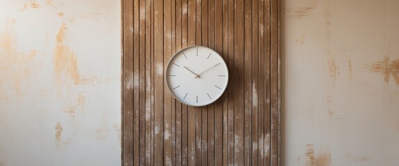 a close up of a wooden paneled wall with a clock on it