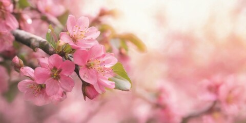 Closeup of blooming pink flower branch with fivepetal blossoms and green leaves in a peaceful garden setting.