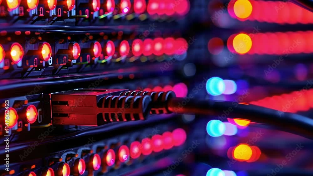 Poster red network cable is being plugged into server rack with flashing red lights in a dark data center, 
