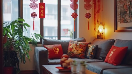 Cozy living room with asian decor and red accents during lunar new year celebration