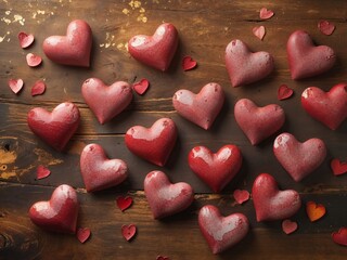 Fototapeta premium Soft Red Hearts on a Wooden Surface Celebrating Love and Affection