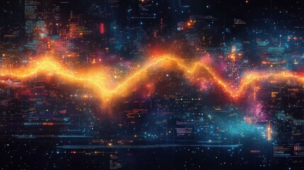 A mesmerizing digital art piece showcasing a vibrant and intricate cybernetic network with glowing circuits and data patterns against a cosmic backdrop