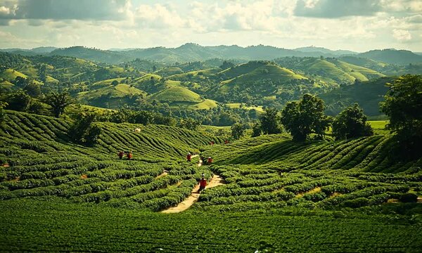 Lush green tea plantation with rolling hills and workers.