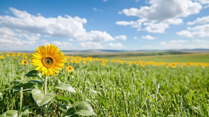 Vibrant sunflower in a vast field under a sunny sky.