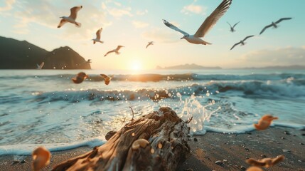 Sunrise over ocean beach, flock of seagulls flying, waves splashing on driftwood.