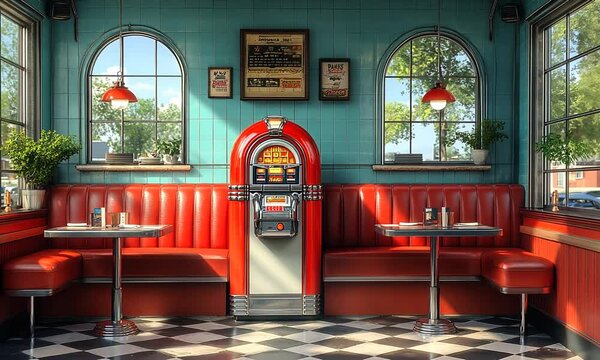 Retro diner interior with a jukebox and cozy seating.