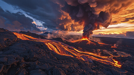 Fototapeta premium Erupting volcano with glowing lava flows and dramatic clouds at sunset