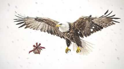 Majestic eagle gliding gracefully with wings spread wide, snowflakes falling