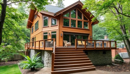 A beautiful two-story house with a wooden deck and steps, surrounded by lush greenery and trees in the backyard of an urban setting