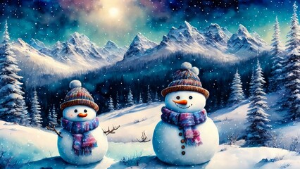 Obraz premium snowman and christmas tree