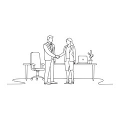  Business professionals engaging in a handshake within a modern office setting, symbolizing partnership and collaboration continuous line art flat vector illustration