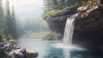 serene waterfall cascades into tranquil lake surrounded by lush trees