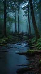 Obraz premium Early morning fog covering the river in the forest with green grass and trees creating a peaceful nature scene