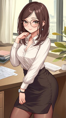 kawaii anime cartoon style business woman in office work background
