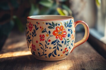 Colorful floral mug on wooden surface.