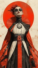 Striking Portrait of a Stylish Woman in Futuristic Asian Attire with Bold Red Circle Background and Artistic Flair