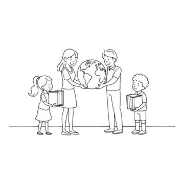 recommend clip art:  School children with teacher holding earth Continuous line art flat vector illustration
