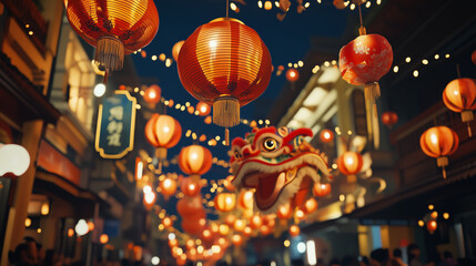 the atmosphere of the Cap Go Meh celebration with colorful lion dance parades on the streets, red...