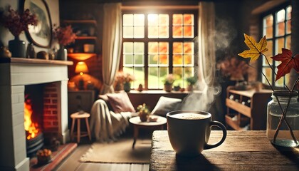 Fototapeta premium A cup of hot autumn coffee or tea on the window. Living in Hygge style. Hot drink in cold autumn weather
