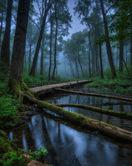 Misty forest fog drifting over a peaceful river with lush green grass creating a serene and tranquil nature view