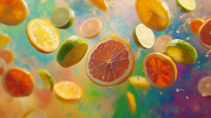 A creative still-life composition of floating fruit slices--lemons, oranges, and limes--suspended in mid-air against a colorful background .