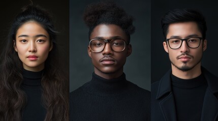 Portraits of diverse individuals: asian woman, african american man, hispanic man in black attire