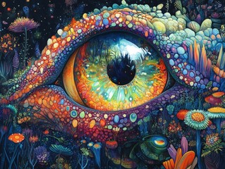 A mesmerizing close-up of a colorful, detailed, and imaginative eye set in a vibrant abstract landscape filled with fantasy elements and psychedelic textures
