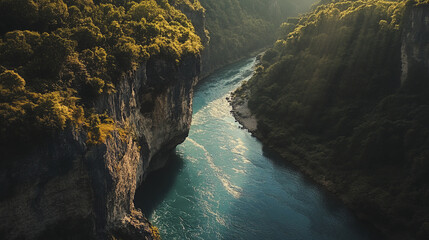 Obraz premium jagged cliff overlooks turquoise river in serene landscape