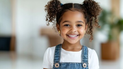 A cheerful young girl with curly hair smiles brightly, wearing a denim overall and a white shirt, set against a softly blurred background.